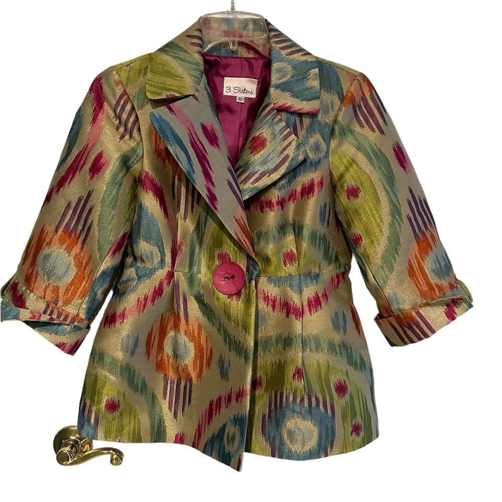 3 Sisters Ikat Print Blazer Small Boho Pink Lined Statement Jacket
